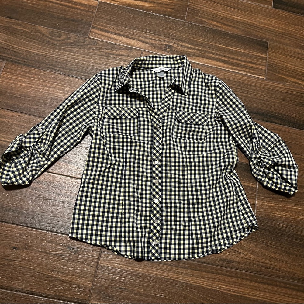 Christopher & Banks Plaid Yellow Navy Button Down V Neck Small 3/4 Sleeve